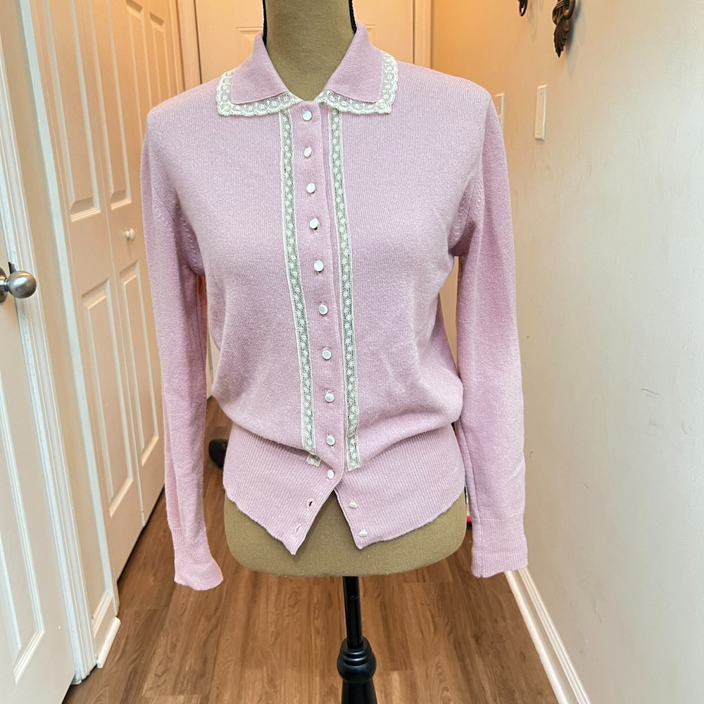 Vintage Dalton 100% Virgin Cashmere Cardigan Pink Lace Trim Pearl Buttons - Picture 2 of 7